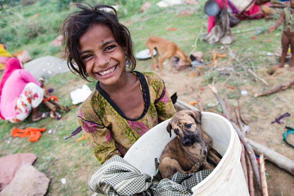 A young girl stands grinning, holding a plastic tub. In the tub is a small brown puppy who is crouched in the corner with a blanket beneath him.