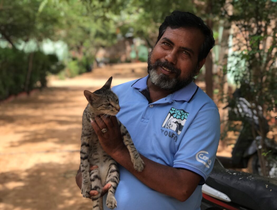 A TOLFA male staff with a greying beard, wearing a pale blue T shirt with a TOLFA logo is smiling and holding a tabby cat on his right hand side.